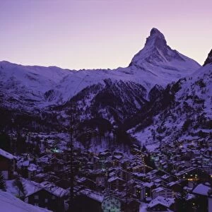 Matterhorn Mountain and Town at Twilight, Zermatt, Switzerland