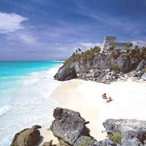 Mayan ruins overlooking the Caribbean Sea and beach at Tulum, Quintana Roo State
