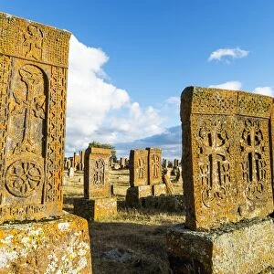 Medieval Khachkars carved memorial stele, Noratus cemetery, Sevan Lake, Gegharkunik province