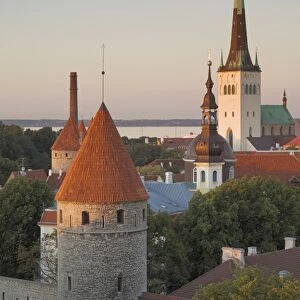 Medieval town walls and spire of St. Olavs church at dusk, Tallinn