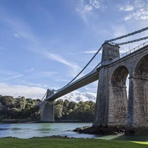 Menai Bridge spanning the Menai Strait, Anglesey, Wales, United Kingdom, Europe