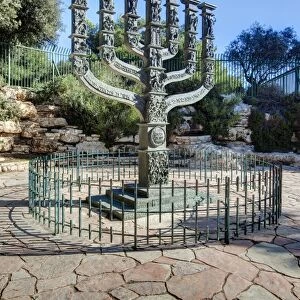 The Menorah sculpture by Benno Elkan at the entrance to the Knesset, the Israeli Parliament, Jerusalem, Israel, Middle East