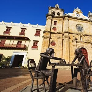 Metal scultpures playing chess in front of Church of San Pedro Claver, Old Town