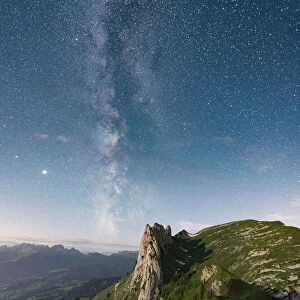 Milky Way in the starry sky over Saxer Lucke mountain, aerial view, Appenzell Canton