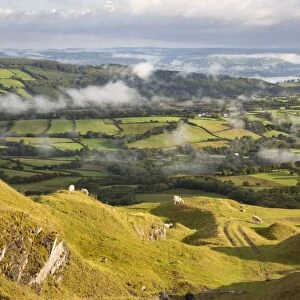 Misty farmland from Black Mountain, Capel Gwynfe, Brecon Beacons National Park, Carmarthenshire