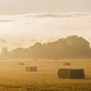 Misty sunrise at St. James Church at Longborough, a village in The Cotswolds, Gloucestershire, England, United Kingdom, Europe