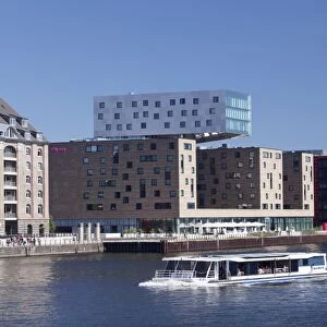 Modern architecture along the Spree River, excursion boat, Osthafen Port, Friedrichshain