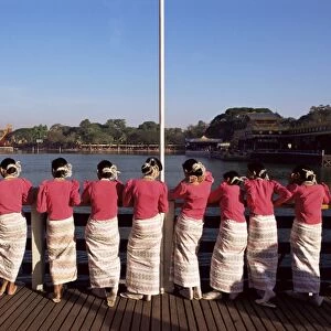 Mon women in traditional dress, Yangon (Rangoon), Myanmar (Burma), Asia