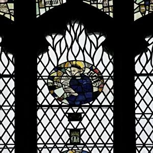 Monks in stained glass, Galilee Chapel, Durham Cathedral, County Durham, England, United Kingdom, Europe