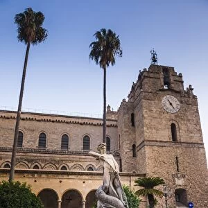 Monreale Cathedral (Duomo), and fountain in Guglielmo Square in Monreale, near Palermo, Sicily, Italy, Europe