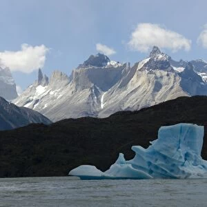 Monte Almirante Nieto, with iceberg on Lago de Grey, Torres del Paine National Park, Patagonia, Chile, South America