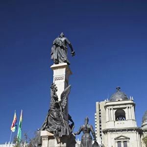 Monument and Cathedral in Plaza Pedro Murillo, La Paz, Bolivia, South America