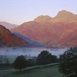 Morning mist, Great Langdale from Chapel Stile, Langdale Pikes in early morning light