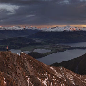 Morning panoramic view of mountain ranges including Mt. Aspiring from the Roys Peak