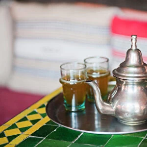 Moroccan mint tea pot at a cafe in Marrakech, Morocco, North Africa, Africa