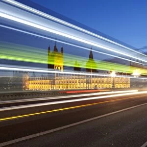 Motion blurred bus on Westminster Bridge and Houses of Parliament, London, England, United Kingdom, Europe