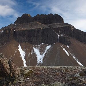 Mount Geitfell, 587m, , spectacular eroded peak on east shore of Borgarfjordur Eystri fjord