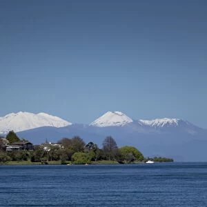 Mount Ruapehu, Ngauruhoe and Tongariro (active volcanoes) from Lake Taupo, North Island