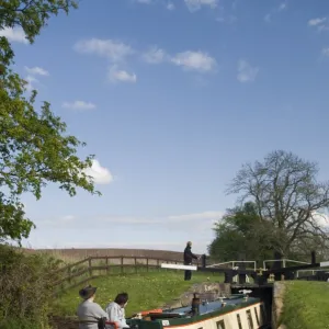 Narrow boat on the Llangollen Canal going through the Locks at Grindley Brook