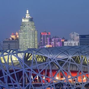 National Stadium in the Olympic Park illuminated at night, Beijing, China, Asia
