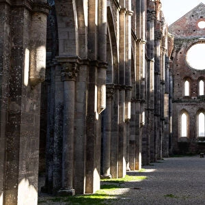 Nave of roofless 13th century Gothic Cistercian Abbey of San Galzano, Chiusdino, Tuscany