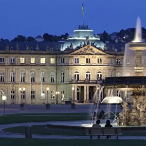 Neues Schloss castle and fountain at Schlossplatz Square, Stuttgart, Baden Wurttemberg, Germany, Europe