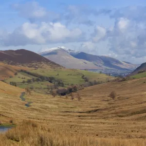 Newlands Valley with Skiddaw over Keswick in the distance, Lake District National Park, Cumbria, England, United Kingdom, Europe