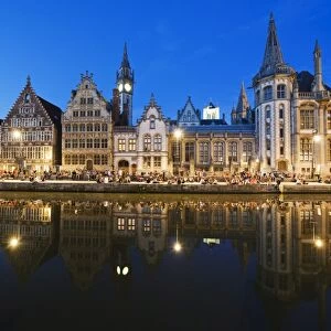Night time reflection of waterfront town houses, Ghent, Flanders, Belgium, Europe