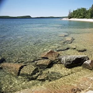 North shore of lake on rocky platform of forested Laurentian Shield, Lake Superior