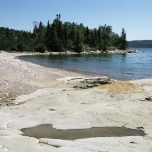 North shore of lake on rocky platform of forested Laurentian Shield, Lake Superior