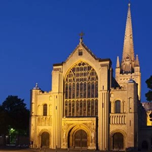 Norwich Cathedral floodlit at dusk, Norwich, Norfolk, England, United Kingdom, Europe