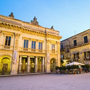 Noto Theatre and cafe at night in Piazza XVI Maggio, Noto, Sicily, Italy, Europe