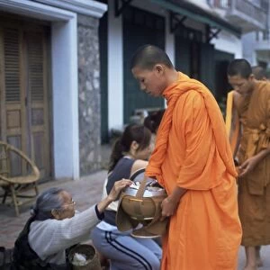 Novice Buddhist monks collecting alms of rice