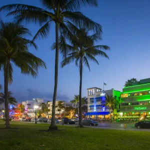 Ocean Drive restaurants and Art Deco architecture at dusk, South Beach, Miami Beach