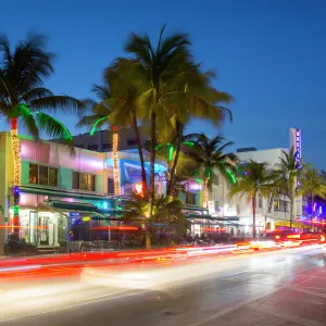 Ocean Drive restaurants and Art Deco architecture at dusk, South Beach, Miami Beach