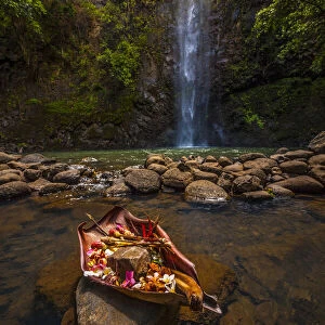 An offering is made to the gods at this sacred pool, Hawaii, United States of America