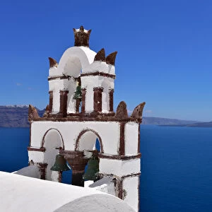 Oia Church overlooking the blue sea, Oia, Santorini, Cyclades, Aegean Islands, Greek