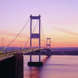 Old / First Severn Bridge at dusk, Avon, England