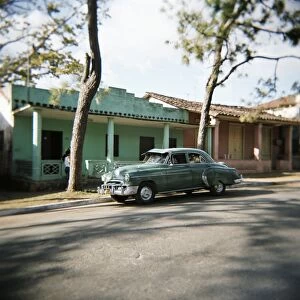 Old green American car, Vinales, Cuba, West Indies, Central America