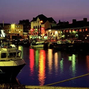 The Old Harbour, illuminated at dusk, Weymouth, Dorset, England, UK, Europe