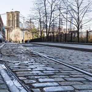 Old rail tracks and cobbled street in Dumbo Historic District, Brooklyn, New York City