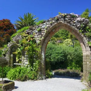 Old stone archway from the ruined abbey in the sub-tropical Abbey Gardens