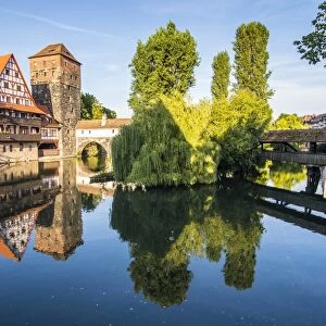 Old timbered houses and hanging tower, Nuremberg, Middle Franconia, Bavaria, Germany