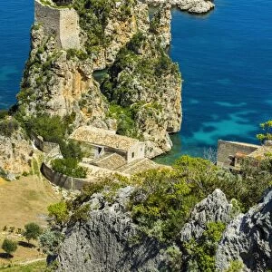 Old tower and buildings at the Tonnara di Scopello, an old tuna fishery and now a popular beauty spot, Scopello, Trapani, Sicily, Mediterranean, Europe