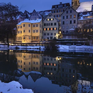 Old Town with Holderlinturm tower reflecting in Neckar River, Tubingen, Swabian Alps