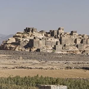 Old village built on sandstone crag, Al Gorza, Shibam valley, near San a