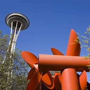 Olympic Iliad sculpture by Alexander Liberman and Space Needle, Seattle Center