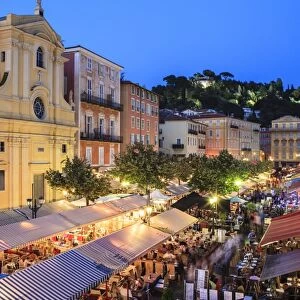 Open air restaurants in Cours Saleya, Nice, Alpes-Maritimes, Provence, Cote d Azur, French Riviera, France, Europe