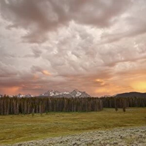 Orange clouds at sunset over The Sawtooth Mountains, Sawtooth National Recreation Area, Idaho, United States of America, North America