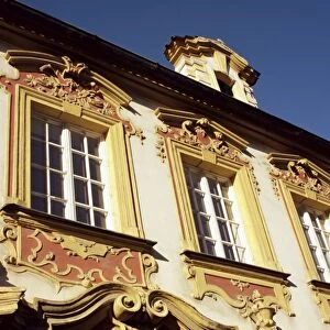 Ornate scrollwork over building housing art gallery, Litomerice, North Bohemia